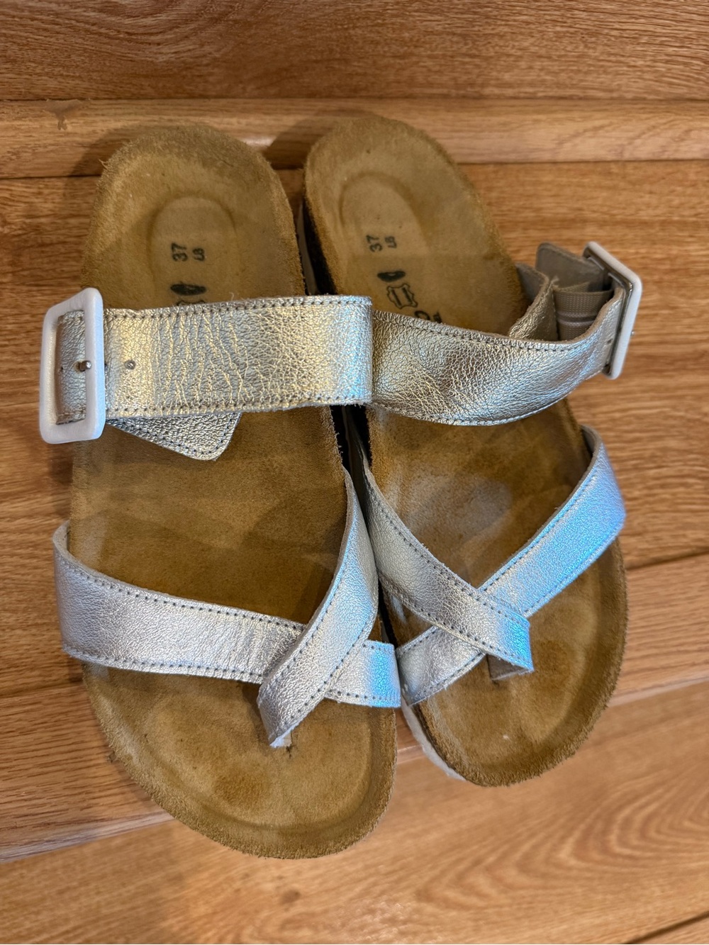 NATO Silver Buckle Strappy Slide Sandals 37